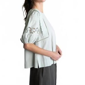 NEW ELLE GREY embroidered puff sleeve blouse in green